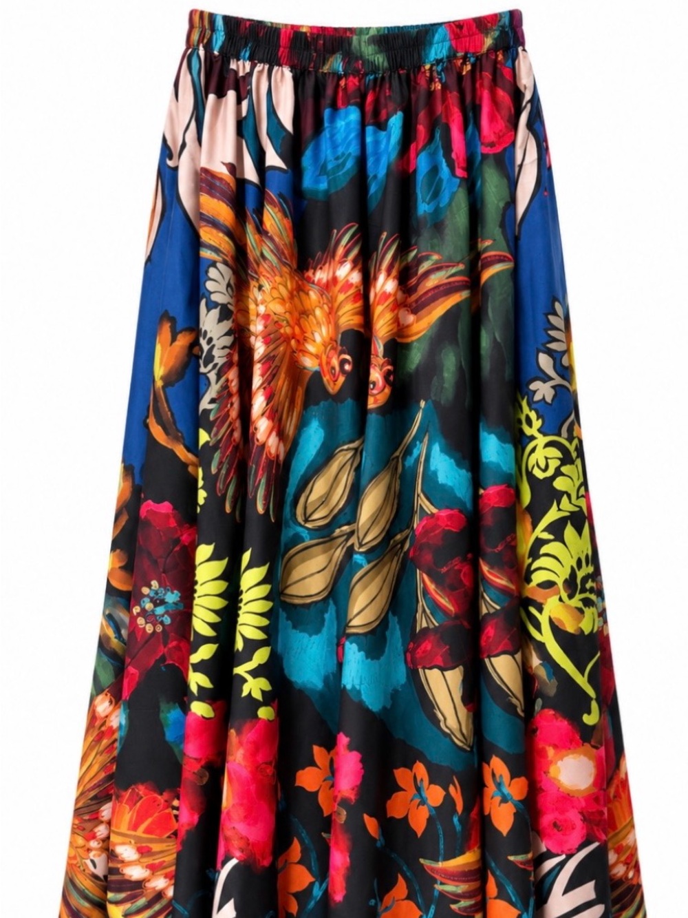 Rachel Zoe Black Maxi Skirt with Vibrant Floral & Bird Print